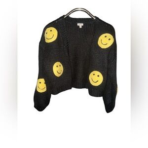 debut Black Cropped Knit Cardigan with Yellow Smiley Faces
